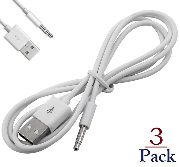 3 Pack 3.3ft 3.5mm Male AUX to USB Adapter for iPod Shuffle 3rd-6th Gen, Data Sync & Charging Cable Converter.