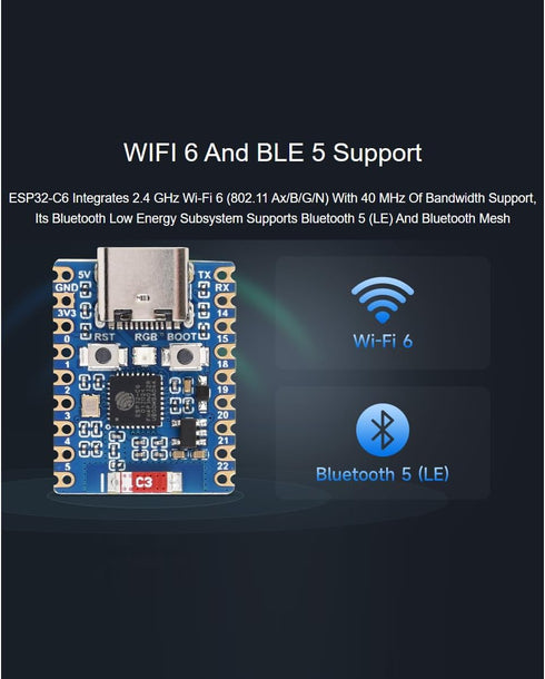 waveshare ESP32-C6 Mini Development Board, WiFi 6, Dual Processors, 2.4GHz WiFi 6 + Bluetooth 5(LE), Compatible with