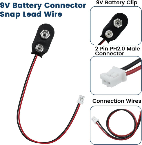 SDTC Tech 3 Pack 9V Battery Snap to 2-Pin PH2.0 Connector Cable, 15cm