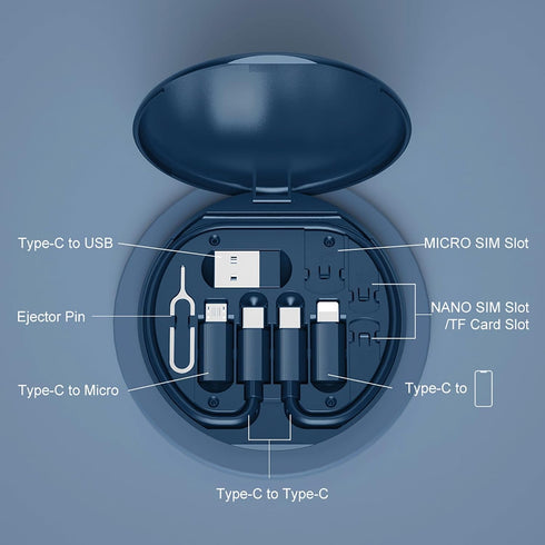 USB Adapter, Micro USB Charging Cable with USB C Lightning Adapter, Lightning to USB C Adapter, Multi Charging Cable Storage Box Contains SIM Card Holder