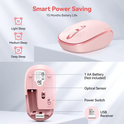 TECKNET Wireless Mouse - 2.4G Quiet Computer Mouse with USB Receiver, Portable Cordless Mice for Chromebook, Laptop, PC