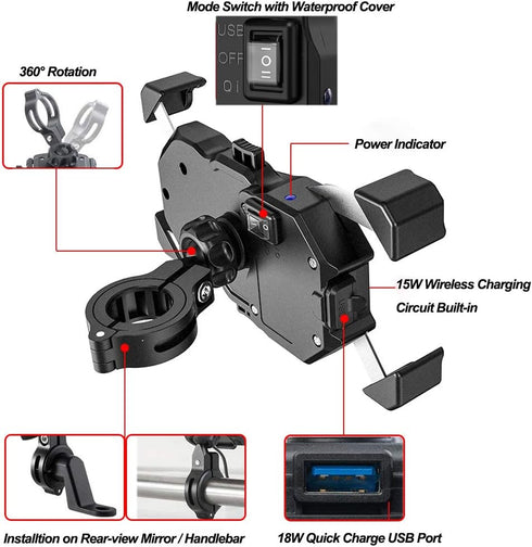 iMESTOU Motorcycle Phone Holder - Wireless Charger and USB 3.0 Quick Charge Mount, Fits 22-32mm Handlebar, Suitable for