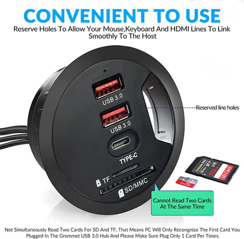 Grommet Desk-Fit USB 3.0 Hub, 2 Port Type-A and 1 Port Type-C with SD/TF Card Reader, Includes Power Adapter