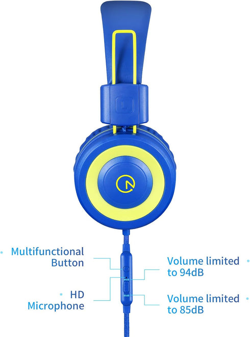 Kids Headphones Noot K12 with Microphone, 5ft Cord, 85dB/94dB Volume Limit, Wired On-Ear for iPad/Kindle/School