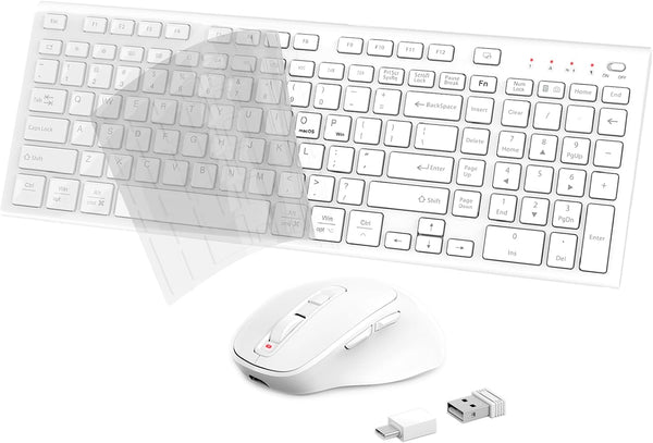 Wireless Keyboard Mouse Combo - USB Type C Rechargeable Slim Silent White Keyboard with Number Pad for Windows & macOS