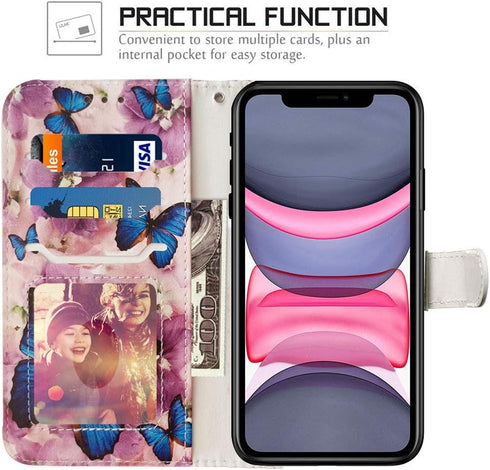 JanCalm Compatible with iPhone 11 Wallet Case, Floral Pattern Premium PU Leather Flip Cover with Wrist Strap