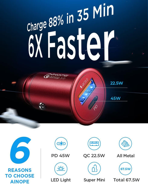 AINOPE USB C Car Charger 67.5W, Red Car Accessories Car Charger USB C for iPhone, Super Mini All Metal Fast Charging Car Charger PD&QC 3.0 Dual Port Car Adapter Fits iPhone 15 Pro Max 14 13 12 11, Red