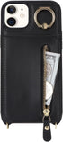 iPhone 12 Case Wallet with Card Holder for Women, Crossbody with Strap, Kickstand Zipper Case - Black
