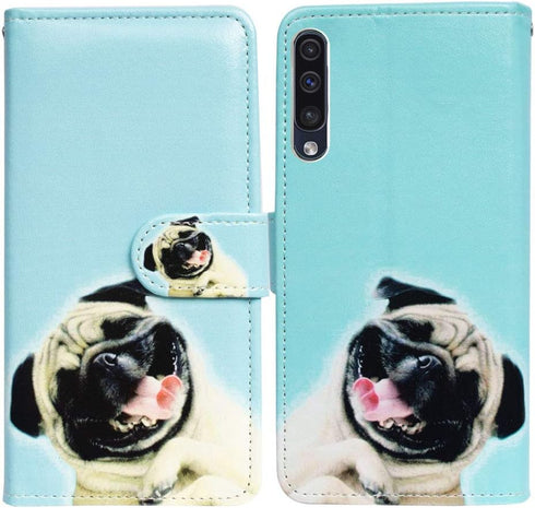 Case for Galaxy A50, Funny Pug Dog Flip Leather Cover with Credit Card Slot