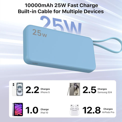NOBIS 10000mAh 25W Fast Charging Portable Travel Power Bank with Built-in Cables & LED Display, Compatible with iPhone