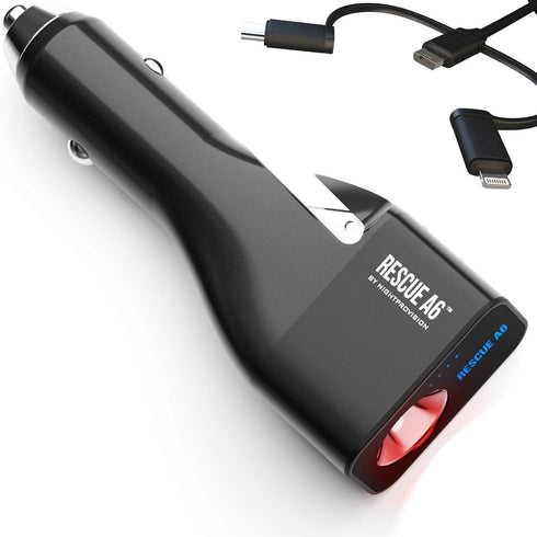 Rescue A6 Emergency 6-in-1 Car Crash Safety Device, USB Car Charger, Window Breaker, Seat Belt Cutter, 2200mAh Power