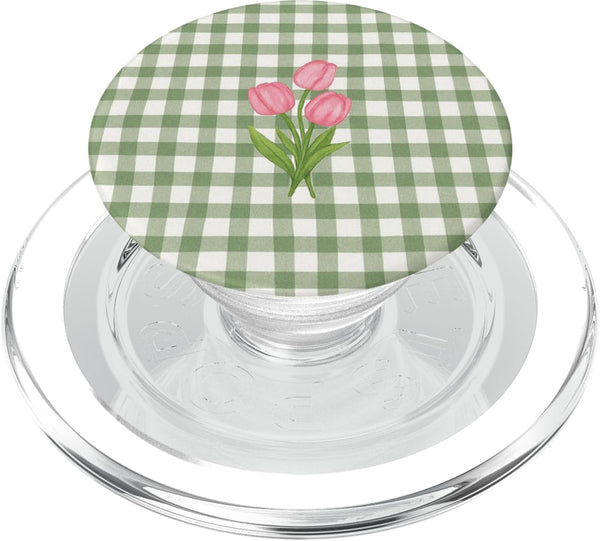 Tulip Cottagecore Phone Case Gifts Green Gingham Tulip Floral Pattern PopSockets PopGrip for MagSafe