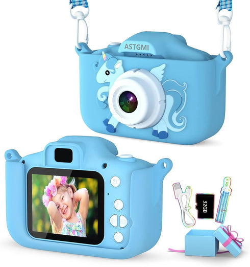Kids Camera, Upgrade HD Digital Camera for Toddlers, 32GB SD Card & Silicone Cover (Blue)