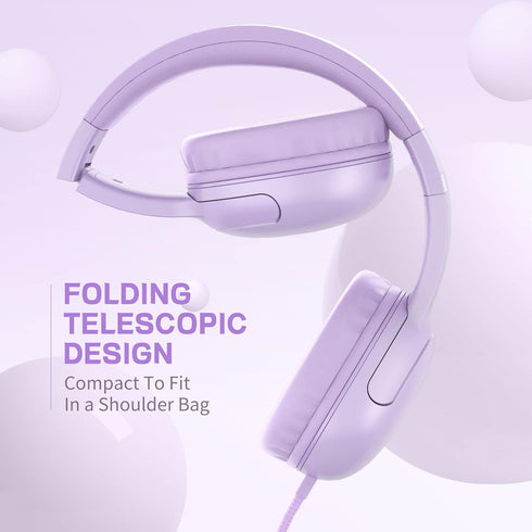 LORELEI E5 Wired Headphones for Kids - Foldable, Tangle-Free Nylon Wire, 3.5mm Jack, Stereo On-Ear, Purple.