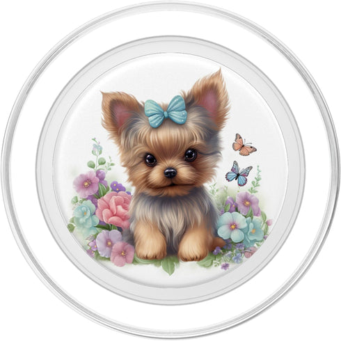 Cute Yorkie Puppy With Bow Watercolor Butterflies PopSockets MagSafe PopGrip for iPhone