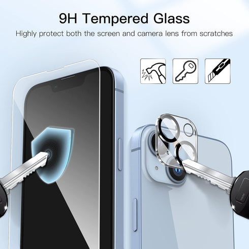 JETech 2-Pack Full Coverage Tempered Glass Screen Protector for iPhone 14 6.1" with HD Clear Camera Lens Protector.