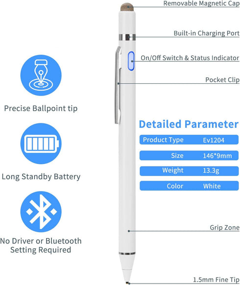 Active Stylus Capacitive Digital Pen with 1.5mm Ultra Fine Tip for iPad, Drawing Compatible with Apple Pencil/Samsung