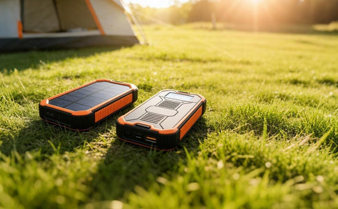 wkao 10000Mah, Solar Power Bank Orange, Dual USB Output, Shockproof & Dustproof with Led Flashlight & Carabiner