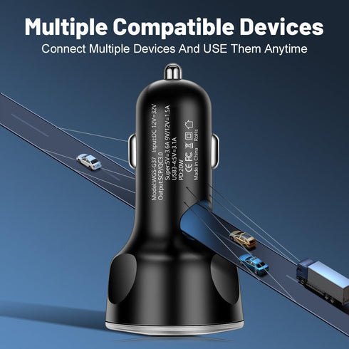 5-in-1 Multi-Port Car Charger with Voltage Detection, PD+3USB+QC3.0 Fast Charge Cigarette Lighter Plug Adapter for iPhone/Android/Samsung/iPad Pro and More (Black)