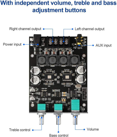 ZK-1002T 2.0CH 100W*2 9-24V Bluetooth Amplifier Board Mini Audio AMP with Treble and Bass Control, BT and AUX Inputs