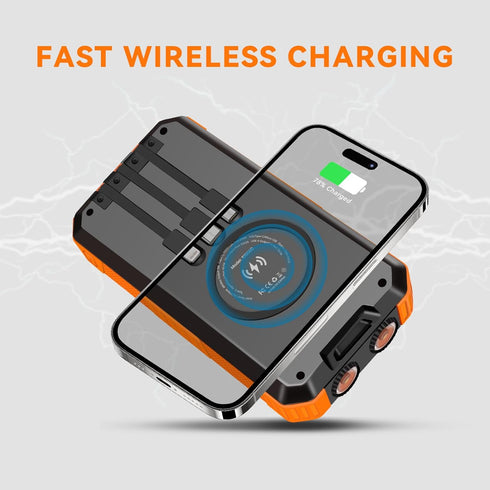 Solar Charger Power Bank 49800mAh, Wireless Battery Pack with 3 Built-in Cables, 6 Outputs & 2 Inputs for Cell Phones