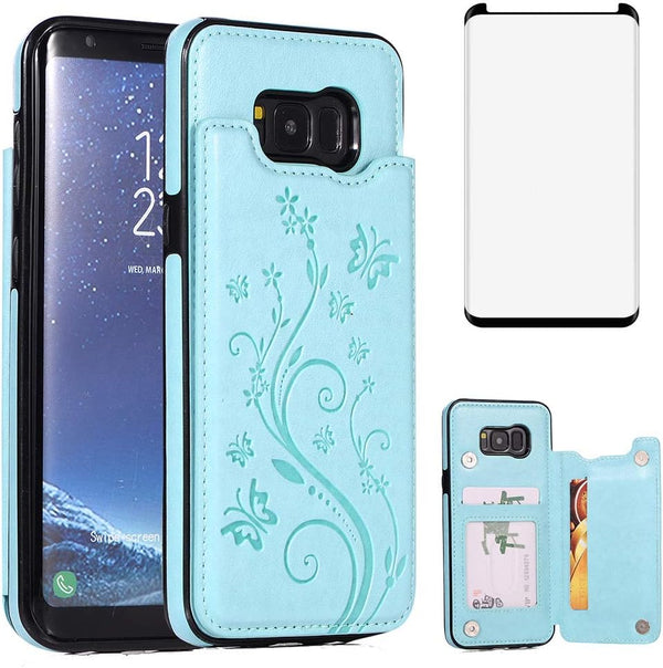 Phone Case for Samsung Galaxy S8 with Tempered Glass Screen Protector, Card Holder Wallet Cover, Stand Flip Leather