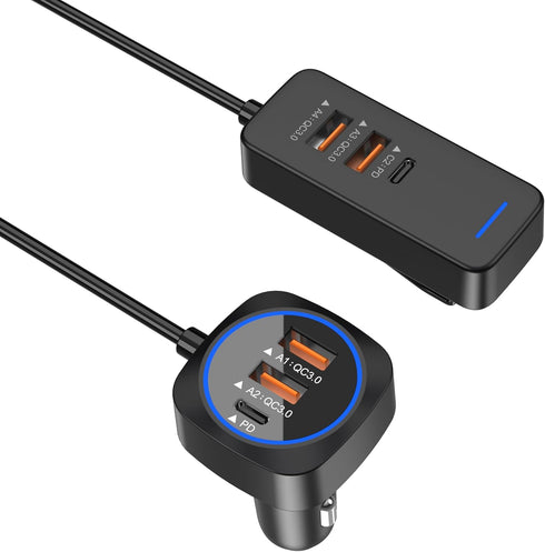 Car USB Charger Multi Port with 5.9FT Extension, QC3.0 76W Fast Charging Adapter for Mobile Phones and iPad