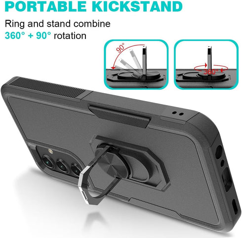 Samsung Galaxy A15 Case with Tempered Glass Screen Protector, Dual Layer Shockproof Kickstand Case, Black