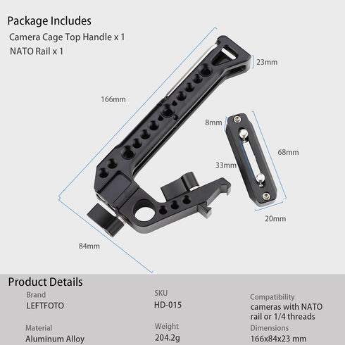 LEFTFOTO Camera Cage Top Handle, NATO Rail Standard with 7mm NATO Rail for DSLR Camera Cage