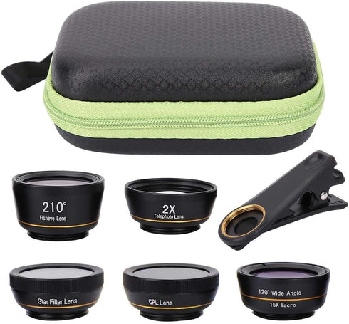 Phone Camera Lens, 6 in 1 Clip on Lens Kit with Fisheye, Macro, Wide Angle, Zoom, Polarization, and Starlight Lenses