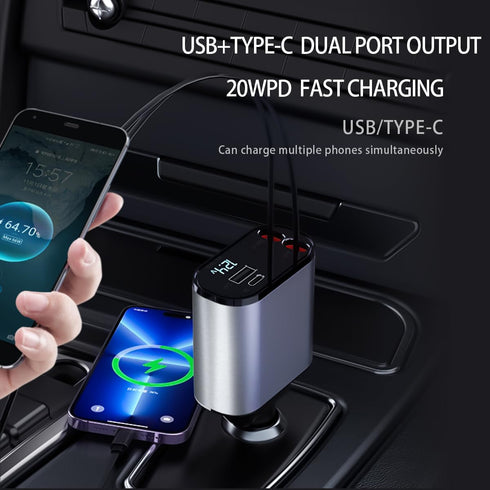 Kwak's USB C Retractable Car Charger Adapter, Fast Charge Compatible with iPhone 15/15 Pro Max (Double Type-C)