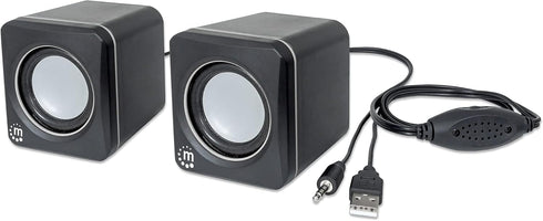 MANHATTAN USB Powered Stereo Speaker System - Small Size with Volume Control & 3.5mm Audio Plug, Black Silver