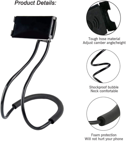 1 Pack Cell Phone Stand Hanging on Neck, Upgraded Hands-Free Mobile Phone Holder Clip on Bed/Table, 360° Rotation