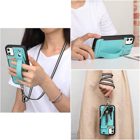 TOOVREN iPhone 11 Wallet Lanyard Case, Protective Cover with PU Leather Card Holder, Adjustable Detachable Strap