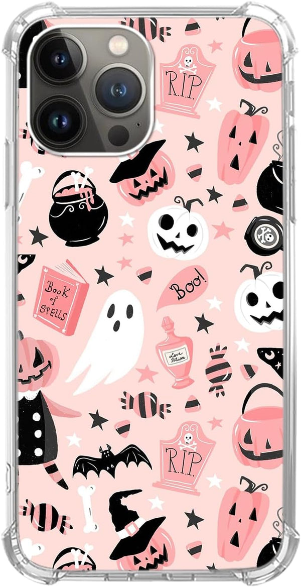 Pink Halloween Pumpkin Ghost Case for iPhone 15 Pro Max, Witchy Boo Cover, Cute TPU Bumper Phone Case
