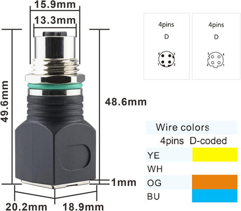RJ45 to M12 4-Pin Adapter - M12 RJ45 Male Female Industrial Ethernet Connector, IP68 Waterproof, 10Gb/s Transmission