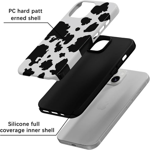 Skyseaco 15 2-Layer for iPhone Case, Treny Milk Cow Print Phone Case Hybrid Hard Shell, Shockproof Soft for Girl Women