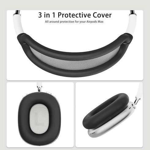 3 in 1 Silicone Case Cover for Apple Airpods Max, Anti-Scratch Ear Pad and Headband Cover (Black)