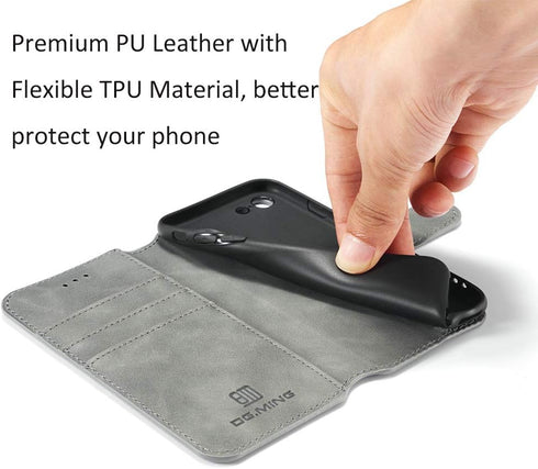 UEEBAI Luxury PU Leather Wallet Flip Cover Case for iPhone SE 2022/7/8/SE 2020 - Grey, Magnetic Stand Folio Protection