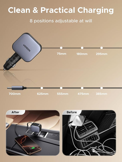 UGREEN 60W 2C1A 3-Port 30W 17/16/15, S25/S24, 12V Car Charger with Retractable Cable, Fast Charger with PD USB-C