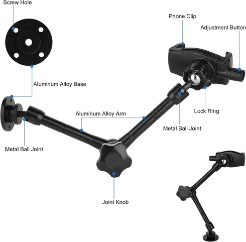 Truck Phone Stand with 10" Length Arm for 3.5~7.5" Smartphones, Multi-Angle Adjustable Aluminum Alloy Mount