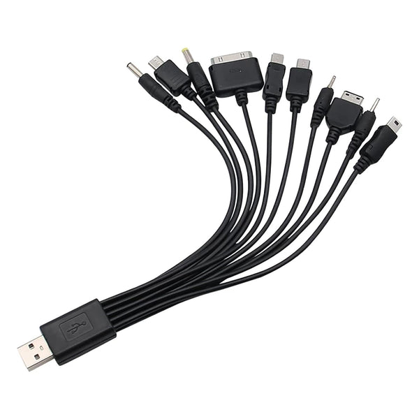 Black 10 in 1 Universal USB Cable - Multiple Universal Charging Cable for Cell Phones, Bluetooth Earphones, and more
