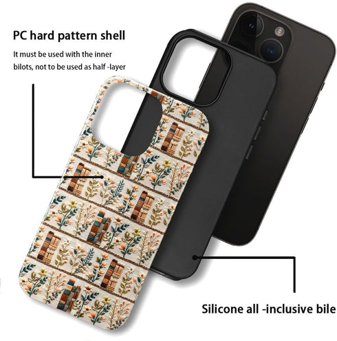 Generic 14,Anti-Scratch Compatible with iPhone Glossy Case Cover,Embroidery Book Flowers Bookshelf