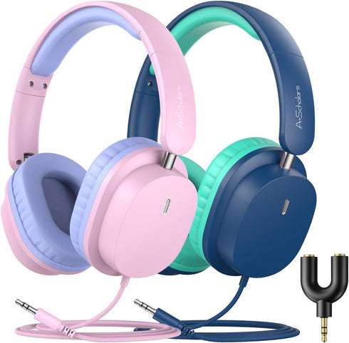 A+ Scholars 2 Pack Kids Headphones with Sharing Splitter, Stereo Sound Over-Ear Wired Headphones