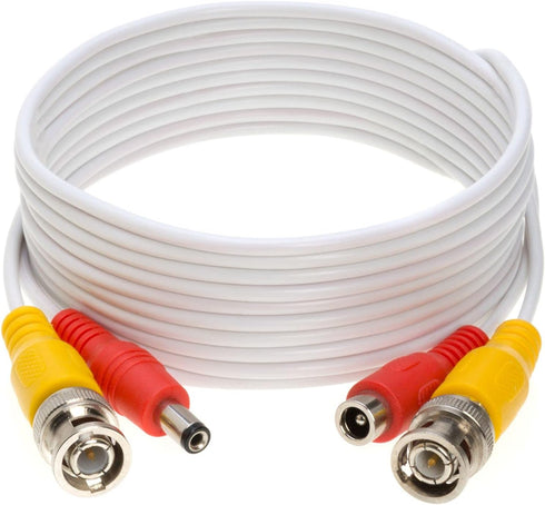 20FT White BNC Video Power Cable Extension Wire for CCTV, Security Camera, DVR, Surveillance System, Plug & Play