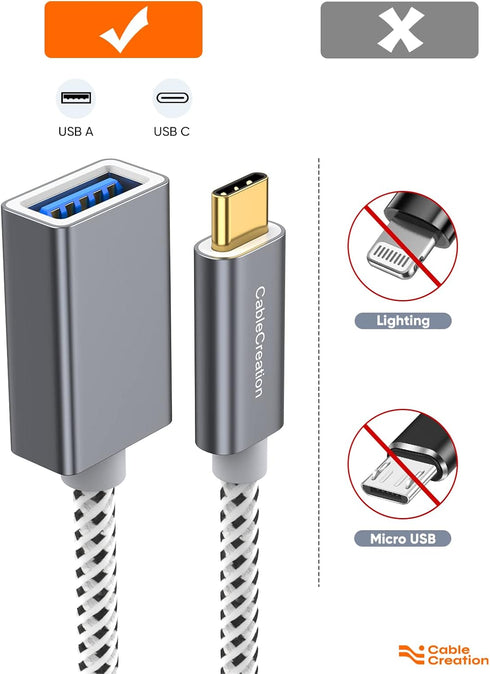 CableCreation 2-Pack USB3.1 USB Female to USB C Adapter, 0.5FT/0.15m, Braided OTG 5Gbps Data, Space Gray