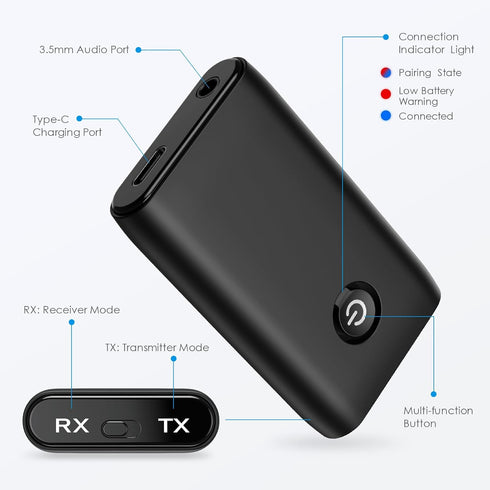Aux Bluetooth Adapter for Car, Bluetooth 5.0 Transmitter Receiver, Portable Wireless Audio Receiver