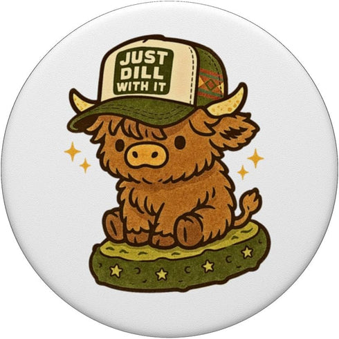 Pickle & Pasture Co. Just Dill with It Cute Highland Cow Pickle Pun PopSockets Adhesive PopGrip