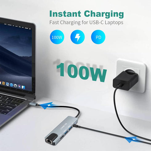 USB C Hub, 5 in 1 USB C 4K@32Hz HDMI Adapter with Ethernet Port, 100W Power Delivery for MacBook Pro