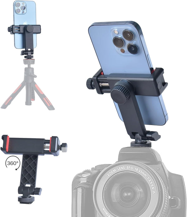 Phone Tripod Mount with Remote Controller, Universal Smartphone Adapter with Cold Shoe, 360° Rotating Clip Holder